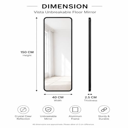 The Artment your artistic apartment Vista Arched Unbreakable Floor Full Length Mirror | Large Free Standing with Aluminium Frame | Leaning for Living Room Home Decor (Black (Square), 155 X 45 CM)|B0DQ51YG8Y