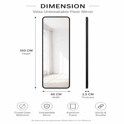 The Artment your artistic apartment Vista Arched Unbreakable Floor Full Length Mirror | Large Free Standing with Aluminium Frame | Leaning for Living Room Home Decor (Black (Square), 155 X 45 CM)|B0DQ51YG8Y