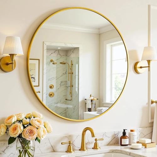 The arts box Round Mirror for Bathroom, Gold Circle Mirror for Wall Mounted, Modern Brushed Brass Metal Frame Round Mirror for Wall Decor, Vanity, Living Room, Bedroom, Framed (Gold, 18Inch)|B0CSQKL3X8