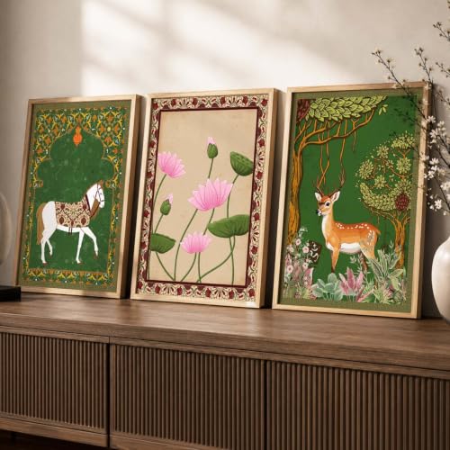 kotart Traditional Wall Art Painting With Frame Pichwai Art Home Decoration For Living Room Bed Room Hotel Wall Decor Digital Reprint Set of 3 (19X25 inch)|B0FR96F34X