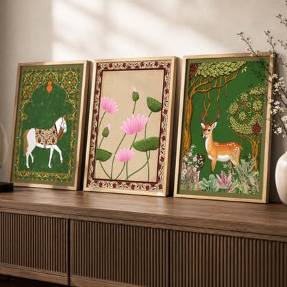 kotart Traditional Wall Art Painting With Frame Pichwai Art Home Decoration For Living Room Bed Room Hotel Wall Decor Digital Reprint Set of 3 (19X25 inch)|B0FR96F34X