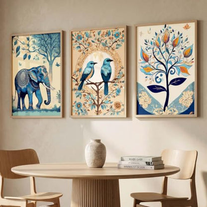 kotart Madhubani Art Wall Painting Traditional Home Decoration With Frame For Living Room Bed Room Hotel Wall Decor Digital Reprint Set of 3 (13X17 inch)|B0FR94ZBWP