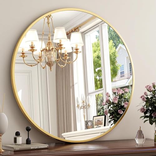 The arts box Round Mirror for Bathroom, Gold Circle Mirror for Wall Mounted, Modern Brushed Brass Metal Frame Round Mirror for Wall Decor, Vanity, Living Room, Bedroom, Framed (Gold, 18Inch)|B0CSQKL3X8
