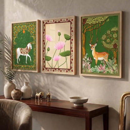kotart Traditional Wall Art Painting With Frame Pichwai Art Home Decoration For Living Room Bed Room Hotel Wall Decor Digital Reprint Set of 3 (19X25 inch)|B0FR96F34X